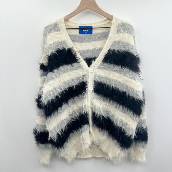 Aelfric Eden Color Blocking Striped Fuzzy Cardigan Unisex in Cream Black Gray XS - Picture 1 of 10